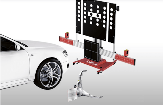 Vehicle front camera calibration process for lane departure warning system alignment during ADAS recalibration.