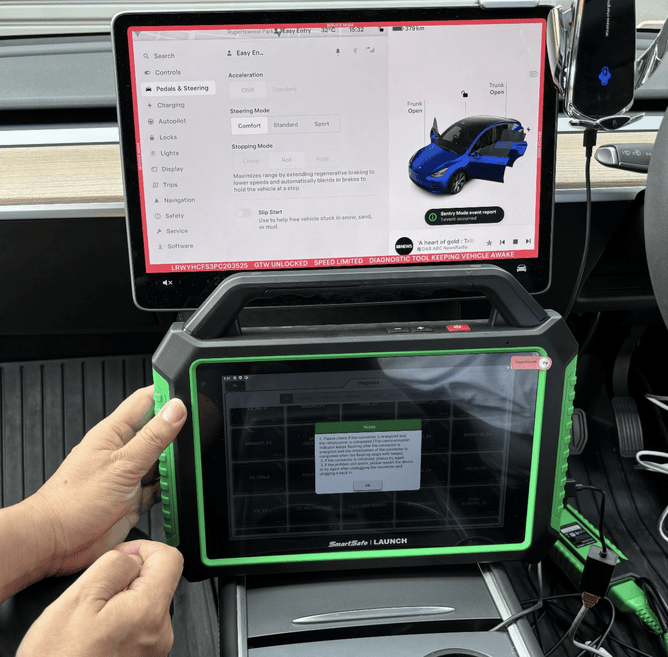 Launch P01 EV diagnostic tool used on Tesla Model Y