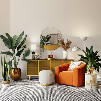 modern living room with orange chair and plants
