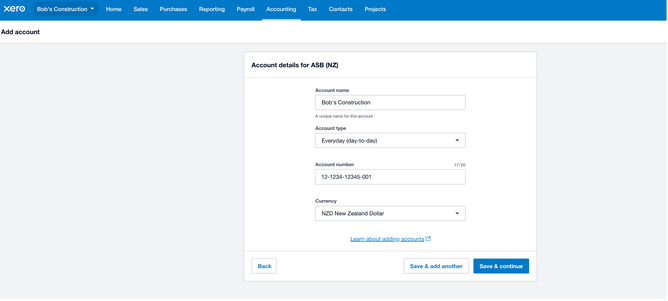 Enter account details for Xero 