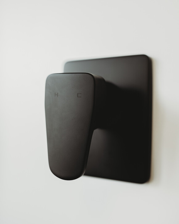 Image from Gane Plumbing's showroom. Matte black shower mixer. Te Awamutu, New Zealand.