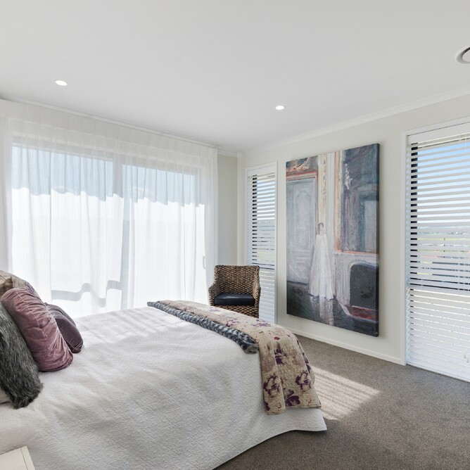 Bedroom Designing - Serene Master Bedroom with soft sheer voile drapes and timber venetians by Tenille Dyer Interiors
