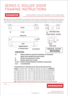 Photo of the front page of Dominator Garages roller doors series b/c industrial framing instructions manual