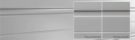 Photo of the Dominator Futura garage door, showing a textured finish and smooth finish. Textured finish has variation and has a subtle pattern. Smooth finish is void of patterns, and is a consistent flat finish.