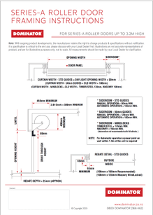 Photo of the front page of Dominator Garages roller doors series a framing instructions manual