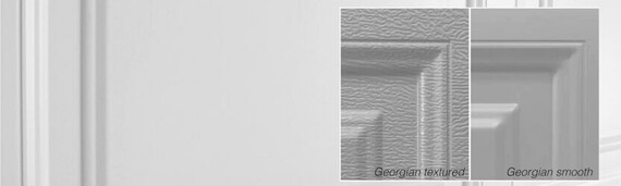 Photo of the Dominator Georgian garage door, showing a textured finish and smooth finish. Textured finish has variation and has a subtle pattern. Smooth finish is void of patterns, and is a consistent flat finish.