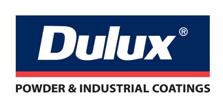 Dulux logo: A blue square with a red stripe at the bottom. "Dulux" is printed in white on the blue. Logo subtitle reads "POWDER & INDUSTRIAL COATINGS" in all capitals.