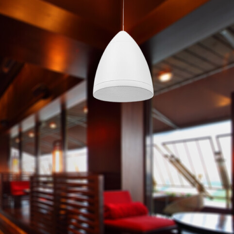 A hanging speaker in a hospitality space.
