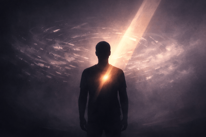 Illustration of a calm human figure surrounded by fading thought patterns, symbolising mental clarity and alignment for couples and families in business releasing unhelpful beliefs and expectations