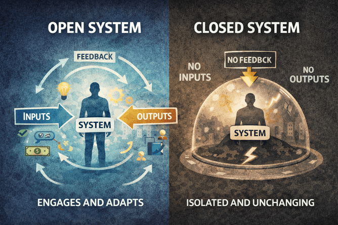Illustration comparing open and closed systems, showing an open system with inputs, outputs and feedback loops versus a closed system isolated from feedback and change.