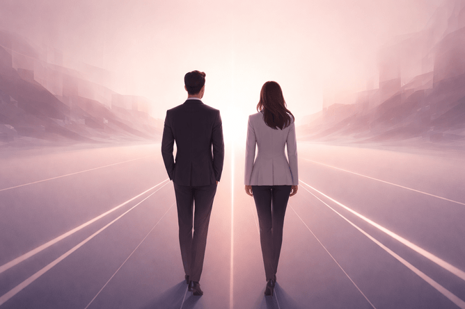 Aligned professional couple facing a shared business horizon, symbolising clarity, partnership, and strategic alignment.