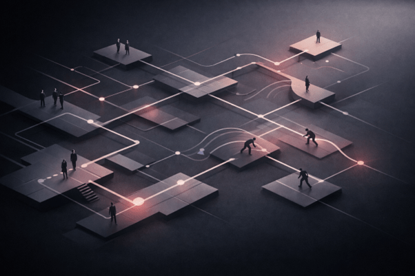 Minimalist illustration of a business system with subtle misalignment creating hidden drag, symbolising how misalignment quietly reduces productivity and profitability in organisations, couples in business, and leadership teams.