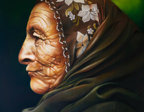 Video of Sofia painting an oil portrait of an old woman in her art studio