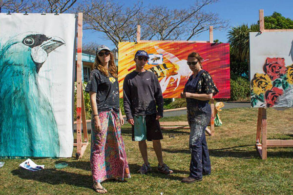 Artists Sofia Minson, Geoff Noble and Miriam Hansen with their artworks
