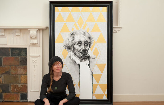 Sofia with "Dimensions of Ina" 1020 x 1220mm. Flashe on canvas.