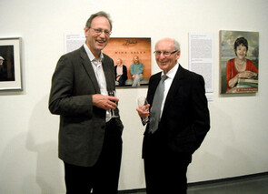Senior editor of Te Ara NZ online encyclopedia Jock Phillips talks to longtime friend of the Gallery, Bill Buxton. Paintings behind are Josef Babich and Alison Holst.