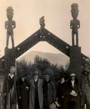Old photograph of Sofia Minson's grandparents at a marae - Maori meeting house