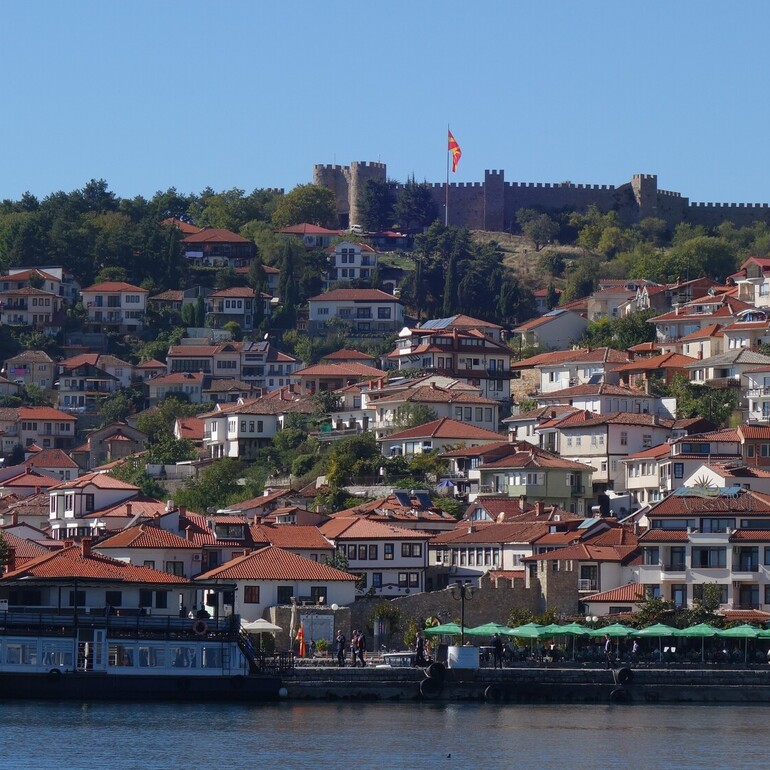 A view of Ohrid's old town, taken from Lake Ohrid's old swimming court.