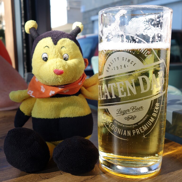 Buzzy Bee sitting next to an ice cold glass of beer.
