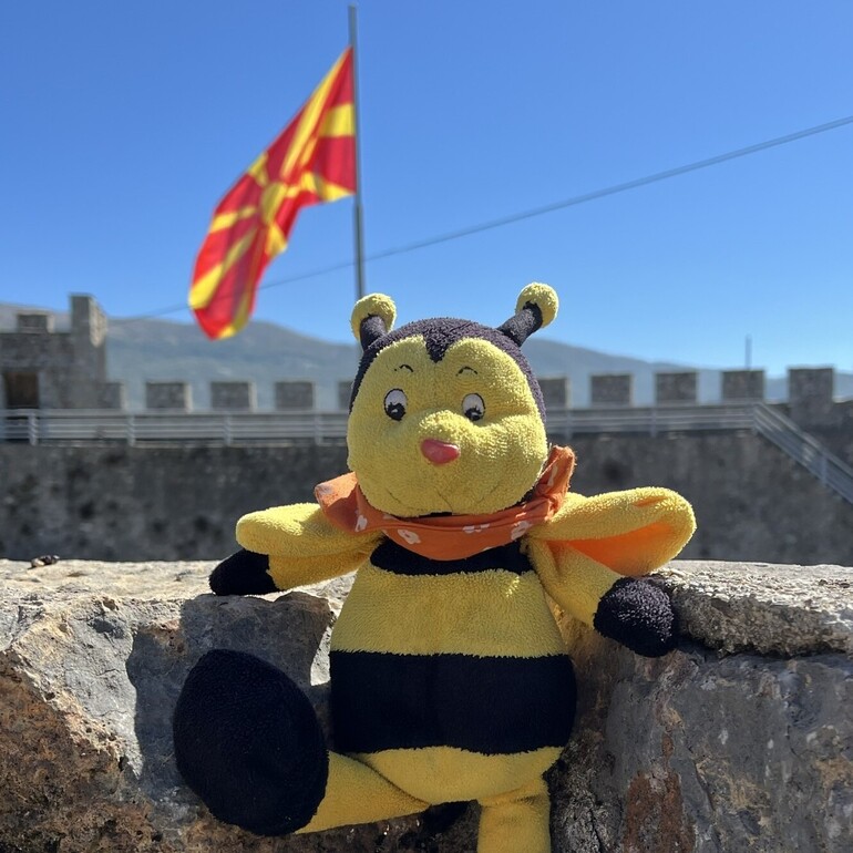 Buzzy Bee posing at Tsar Samuel's Fortress located in Ohrid, North Macedonia.