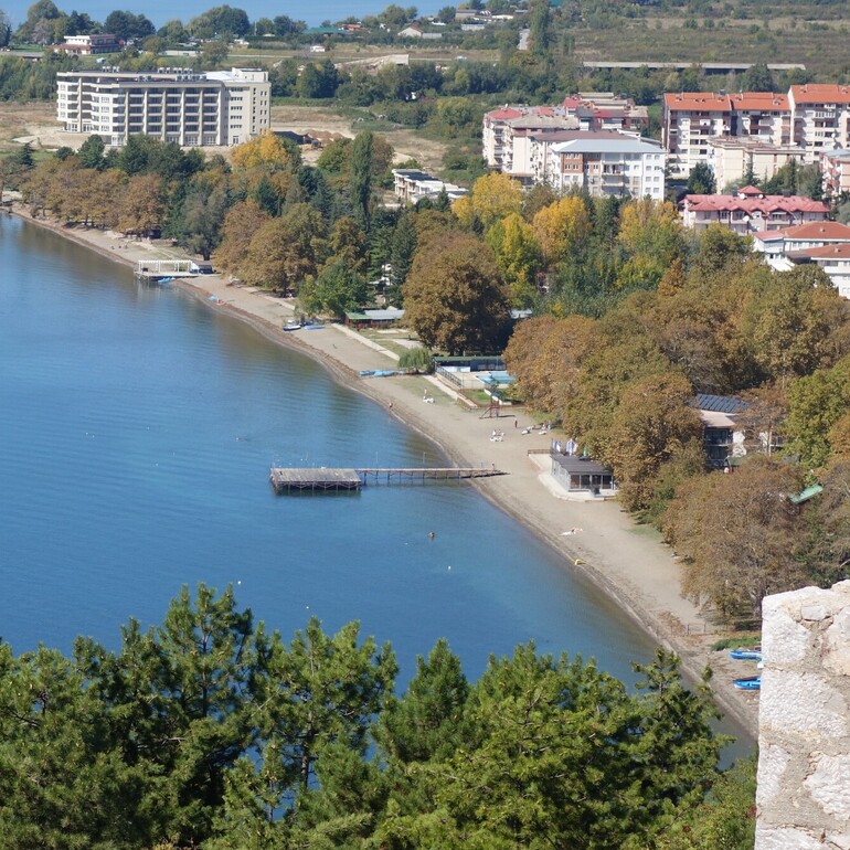 Партизан (Partisan) Beach, viewed from Tsar Samuel's Fortress at Lake Ohrid, North Macedonia.