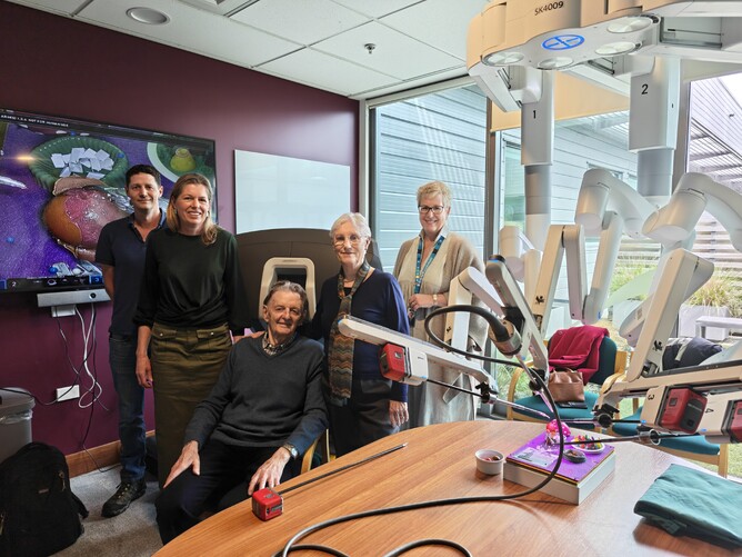 From left: Keith Gallagher, Judy Gallagher, Sir John Gallagher, Glenice, Lady Gallagher, Paula Baker with Braemar Hospital’s surgical robot