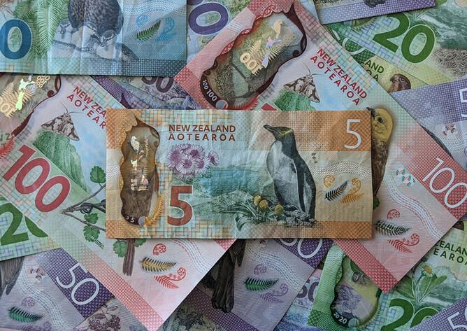 Image of lots of New Zealand bank notes layered on top of one another