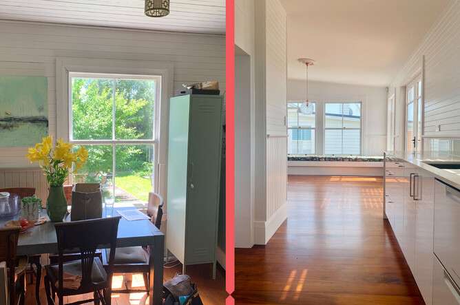 Dining room and kitchen of Auckland villa before and after heritage restoration, retaining period charm.