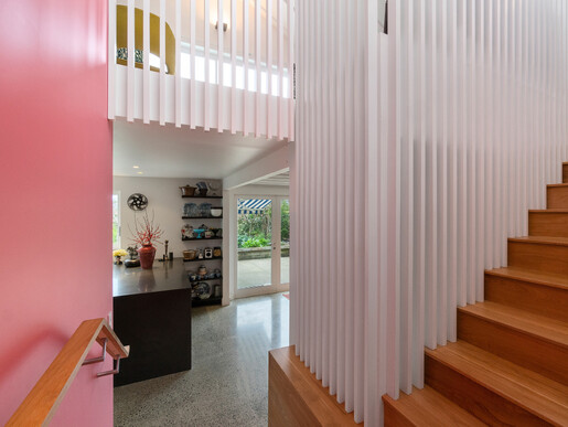 Pink hallyway into kitchen in Old Mill Road house, Grey Lynn