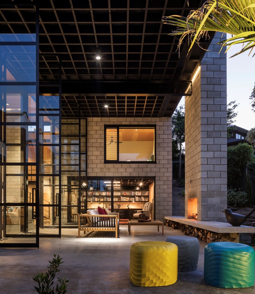 Exterior of Davis house with lights on