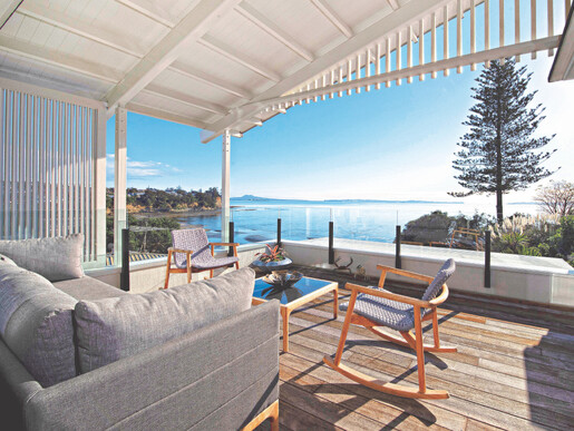 Deck view out to the ocean. Rangitoto House, Cockle Bay 