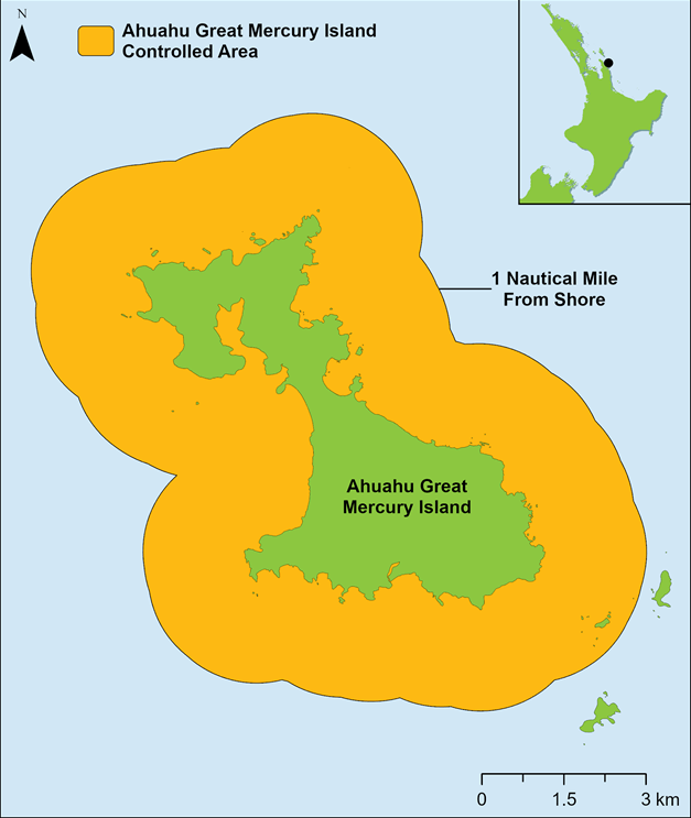 Map showing yellow zone Controlled Area around entire Ahuahu Great Mercury Island