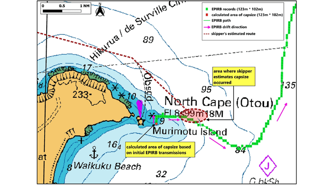 Figure 12: Part of Chart NZ51 showing the track of the EPIRB encoded GNSS positions (green rectangles, representing location area of certainty) and Enchanter's track as estimated by the skipper (red)