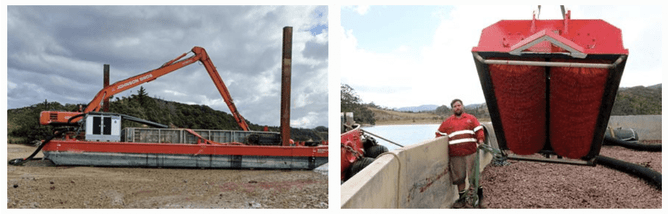 On the right, Johnson Bros’ Angus Johnson on the company's barge with the powerhead that forms a key part of the new mechanical caulerpa suction dredge. Omākiwi Cove in the Bay of Islands. Photo credit: Northland Regional Council.