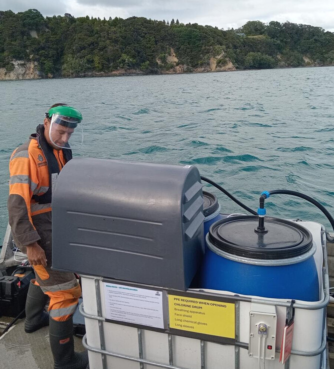 The equipment on board the accompanying vessel to deliver chlorine to treatment area. Photo: Commercial Dive Specialists.