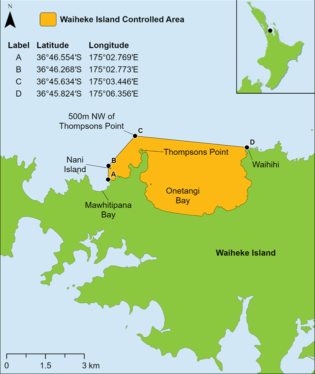 Map showing yellow zone at Waiheke Island