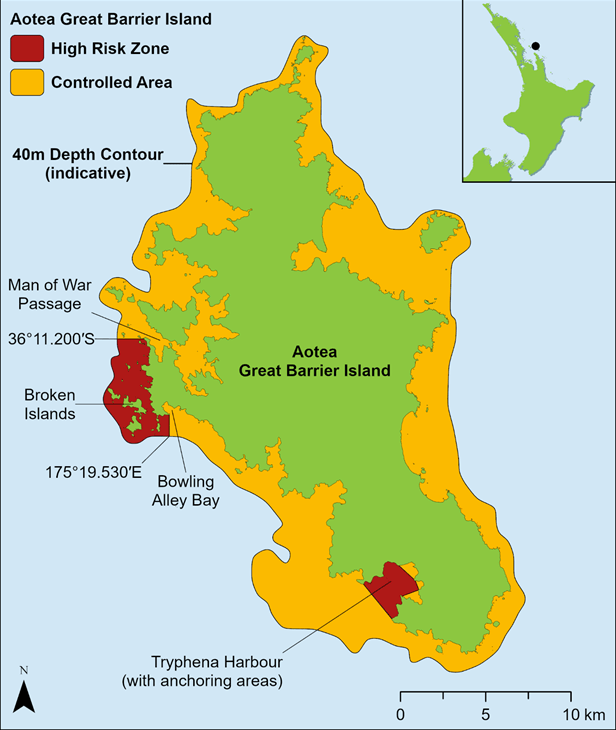 Map of Aotea Great Barrier Island showing Controlled Area with yellow and red zones