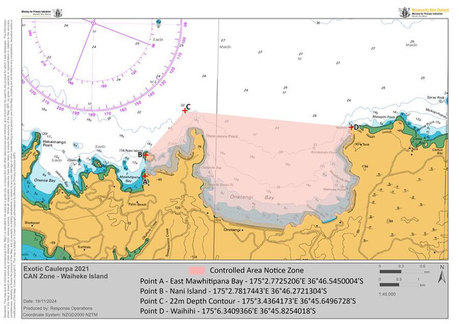 Map showing the Waiheke Island controlled area which extends from the western point of Mawhitipana Bay, north including Nani Island, northwest to 500m off Thompson Point and finishing at Waihihi Point on the eastern side of Onetangi Bay. It includes the marine waters up to and including the high-tide mark and to a depth of 22 metres.