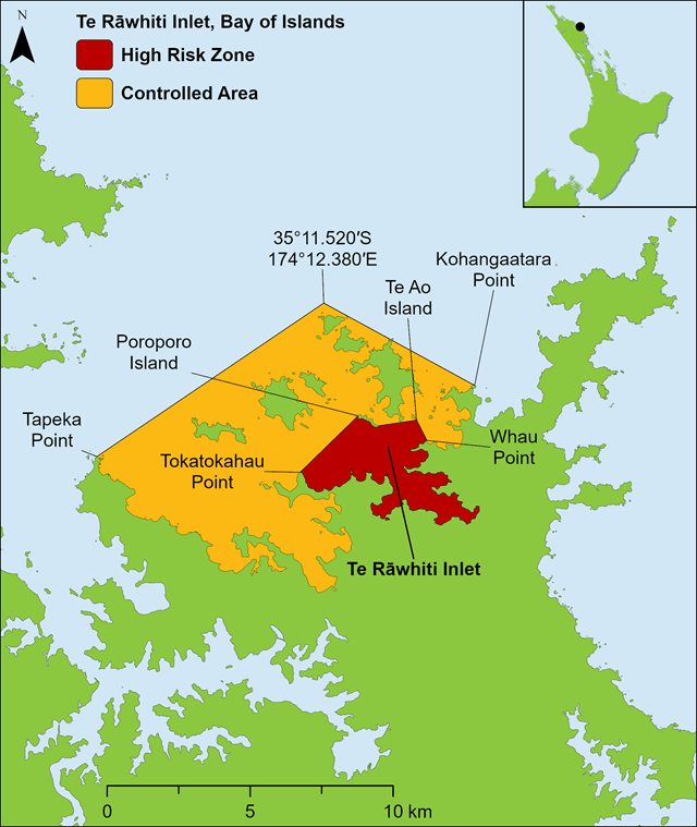 Bay of Islands map showing Controlled Area with yellow and red zones