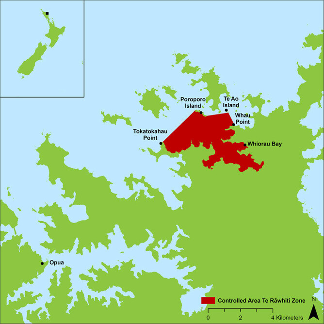Map showing controlled area at Omakiwi Cove, Te Rāwhiti Inlet.