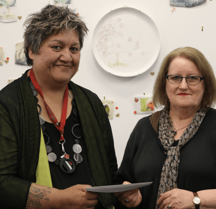 Ruahine Albert CEO Whakaruruhau Women’s Refuge, Dorothy Gilson, Trust Chair receiving donation from the Trust to support their child services.