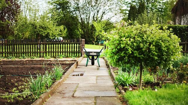 Wheelbarrow sitting on a paved garden path.