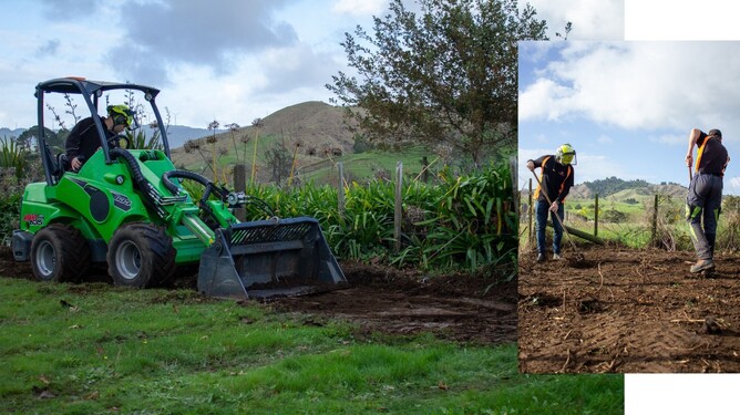 Arborist leveling the ground with rakes and machinery.