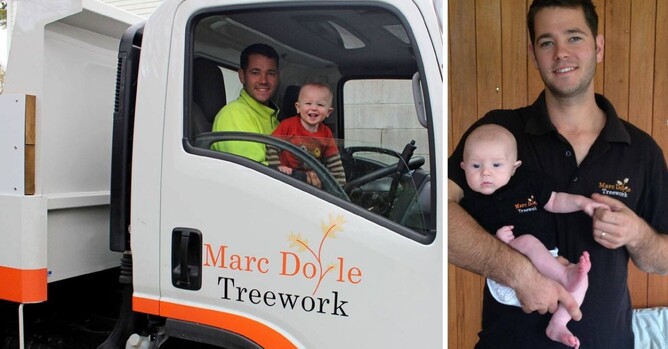 Photos of Chris with Finlea in the truck and with a Marc Doyle Treework top.