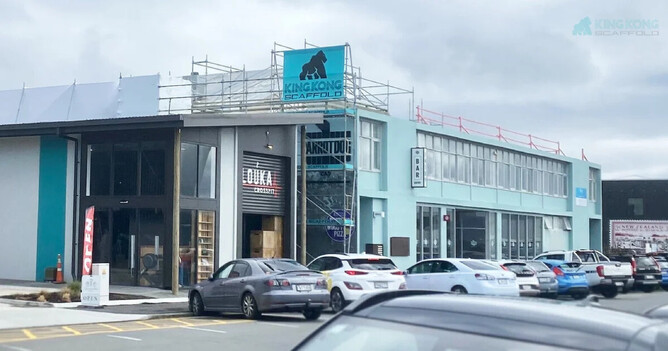 Scaffolding covers a multi-story building, offering scaffolding hire Wellington services.
