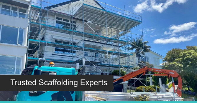 Full scaffolding setup on multi-level home with expert crew and equipment.