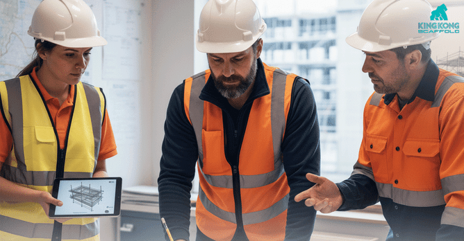 Three construction workers in hard hats and safety vests examining blueprints and reviewing a 3D scaffolding diagram on a digital tablet at a worksite.