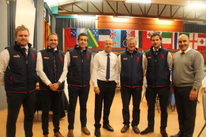 The Merchiston Castle School coaching team with Daniel Murfitt, principal of William Colenso College (centre) and Robin Fabish, principal of Tamatea High School (right).