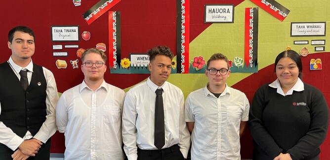 Yr 13 Tamatea High School boys; Head Boy,Jack Winiana, Alex Gifkins, Toavalu Tuala and Preston Warwick-Gray with Head Girl, Lilian Rio