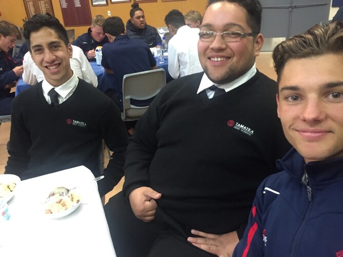 Left to right: Tihema Douglas and Tautahi Brown from Tamatea High School dine with their new Scottish friend, Ben Gray, from Merchiston Castle School.